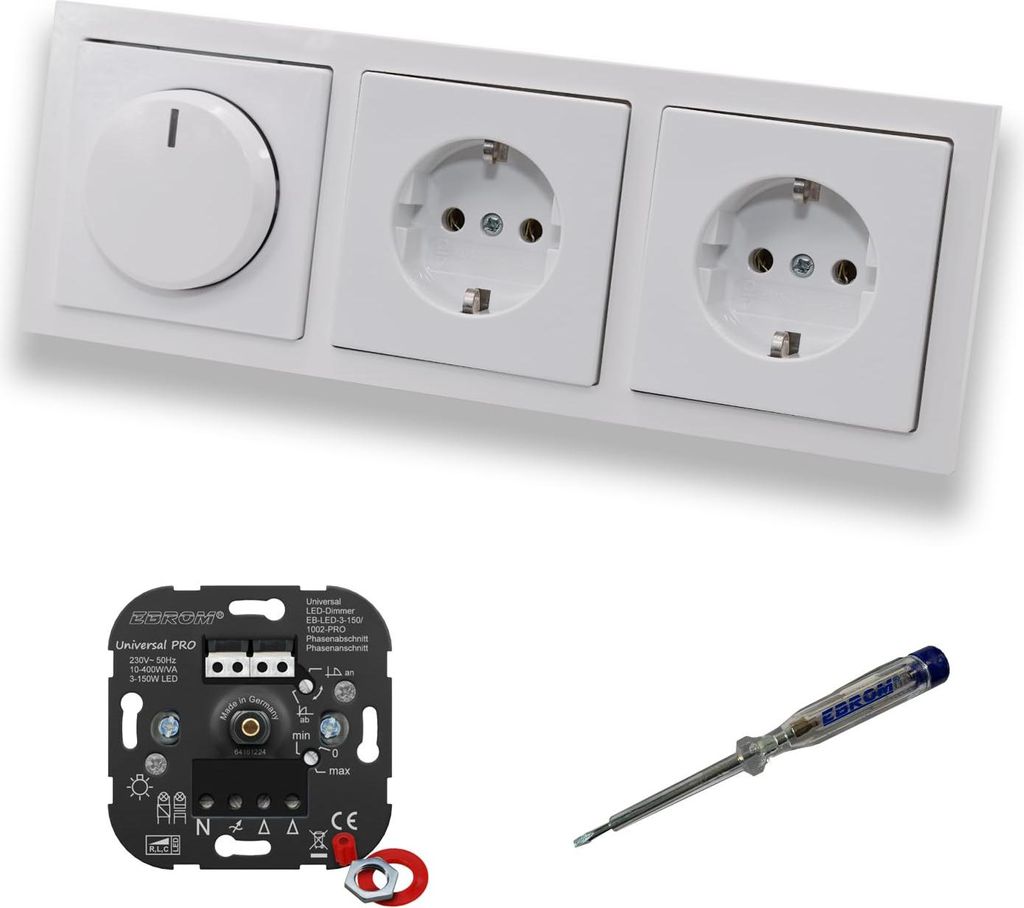 EBROM 1002 Universal PRO LED Drehdimmer Dimmer + Busch Jäger Dimmerscheibe 6540-84-102 und 2 x Steckdose 20EUC-84 in Future Linear Studioweiß gl...