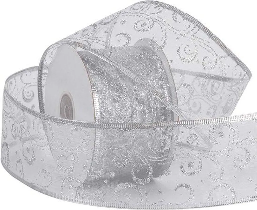 Ruban de Noël fil métallique argenté brillant pailleté 63 mm x 22 m