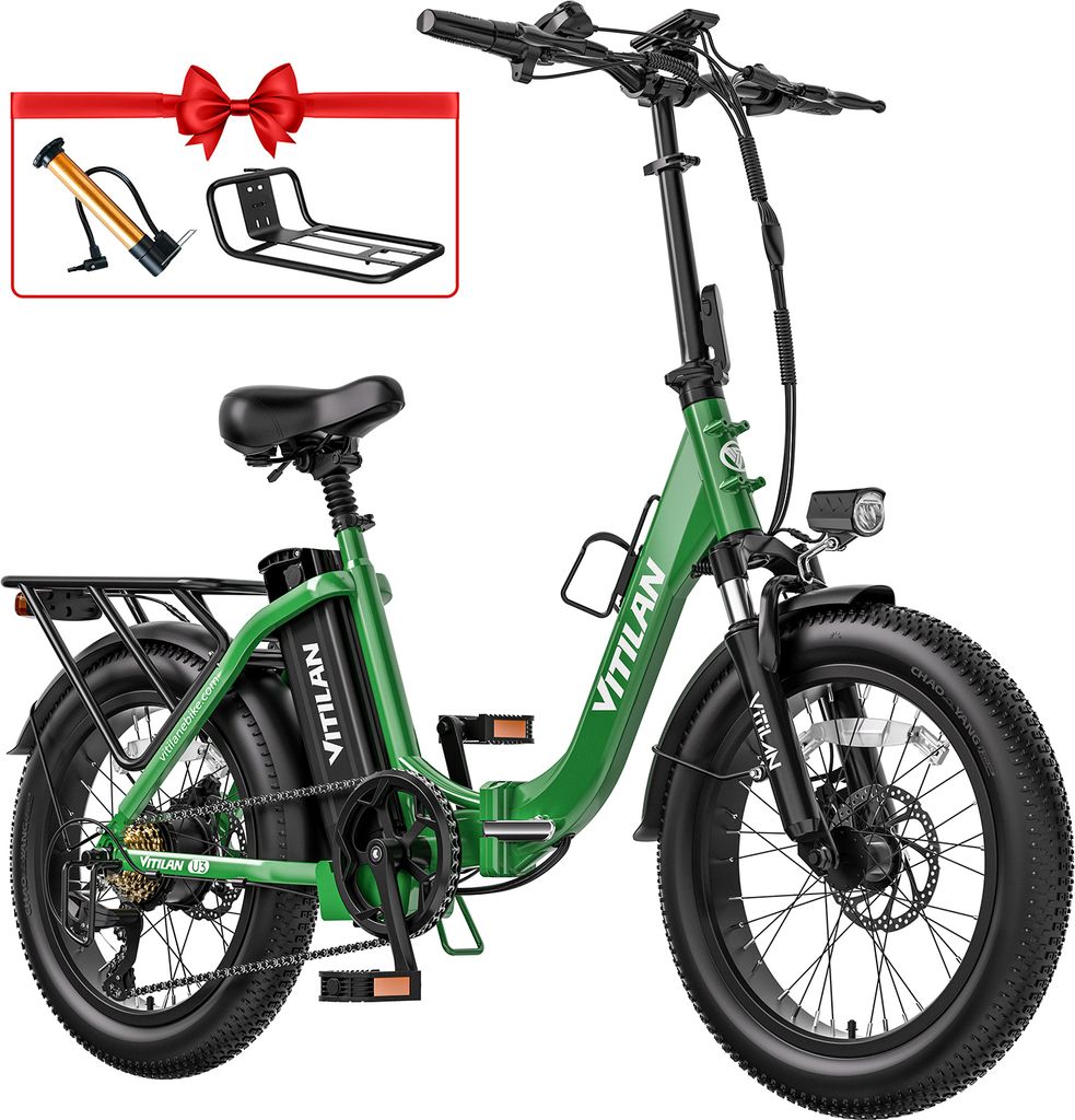 A green electric bicycle with accessories shown in a box in the upper left corner.
