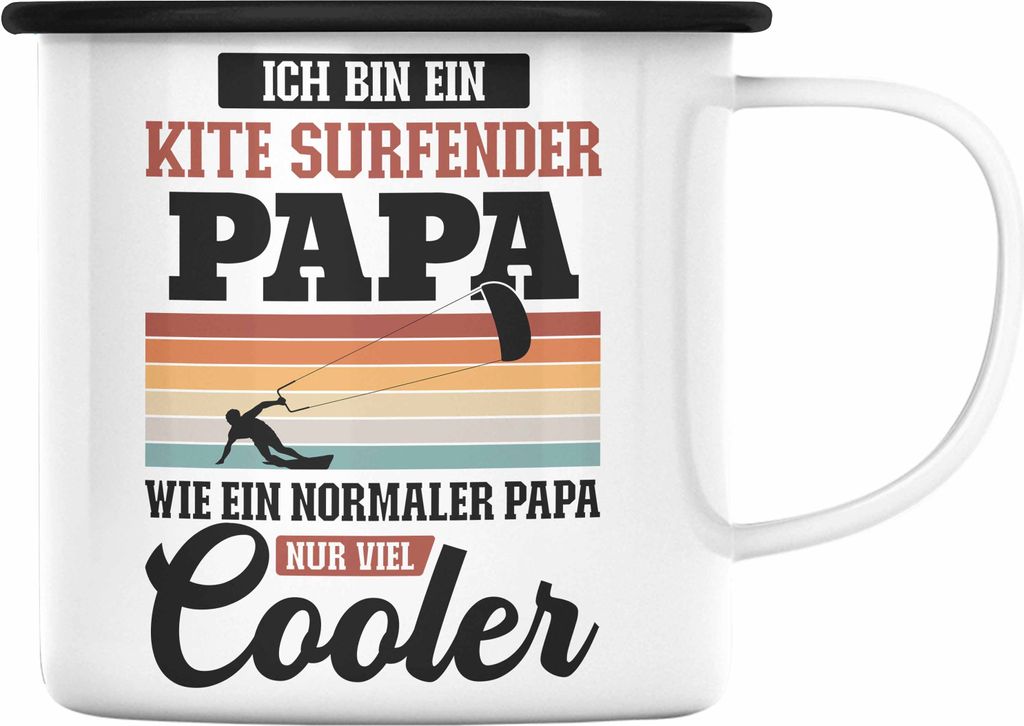 Trendation - Kitesurf Papa Kitesurfen Geschenk Emaille Tasse Vater Kite Surfender Papa Kitesurfing (Schwarz)