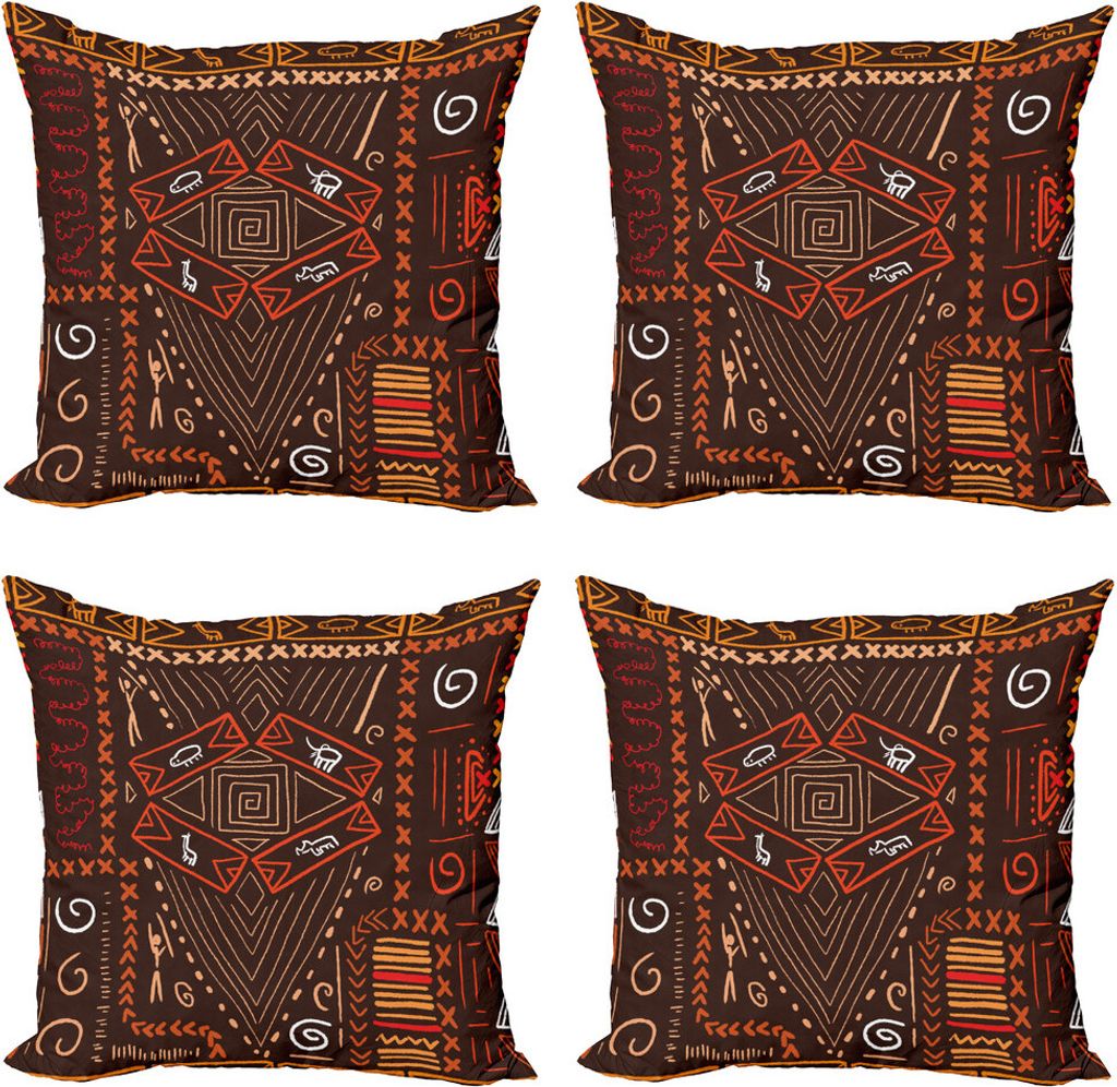 ABAKUHAUS Primitive Kissenbezug Set (4 Stück), Aboriginal Cave, Moderner Doppelseitiger Digitaldruck, 60 cm x 60 cm, schwarz orange