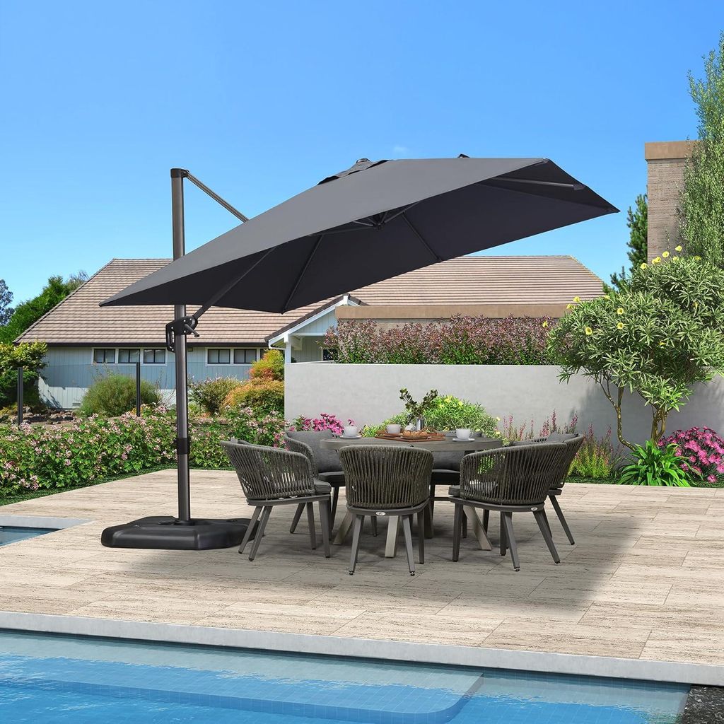 PURPLE LEAF Sonnenschirm 300 x 300 cm Groß Ampelschirm mit Kurbel 360-Grad Drehbar mit Fußpedal und Kreuzsockel für Terrasse, Grau