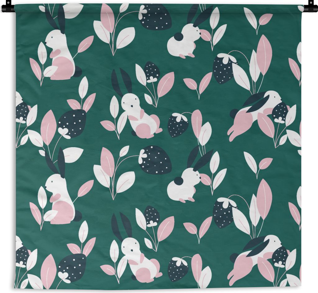 MuchoWow Wandteppich Wandbehang Erdbeeren - Muster - Kaninchen 150x150 cm Tapisserie Dekoration Wandtuch - Wohnaccessoires - Modernes