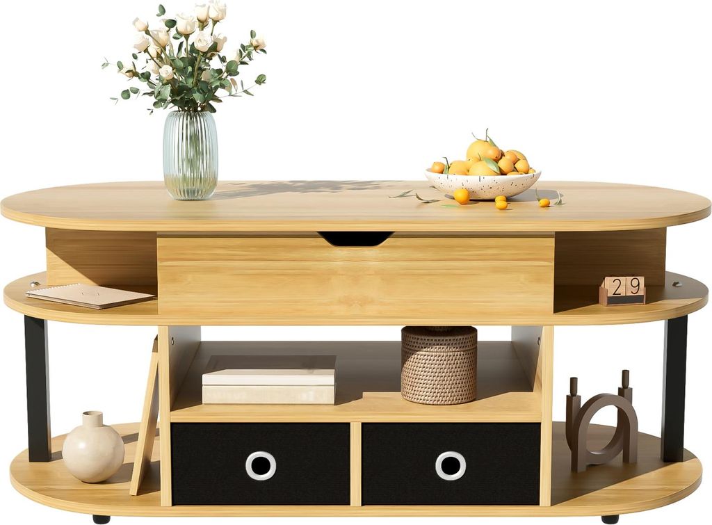 Fortuna Lai Klappbarer Couchtisch, Wohnzimmertisch mit Holzmaserung und schwarzen Schubladen, 105x50x45/60 cm