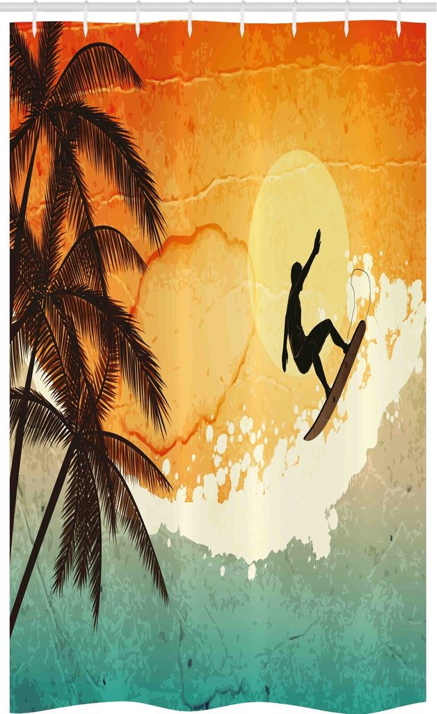 ABAKUHAUS Grunge Schmaler Duschvorhang, Surfer Sea Palms Sunset, Badezimmer Deko Set aus Stoff mit Haken, 120 x 180 cm, Orange Türkis Schwarz