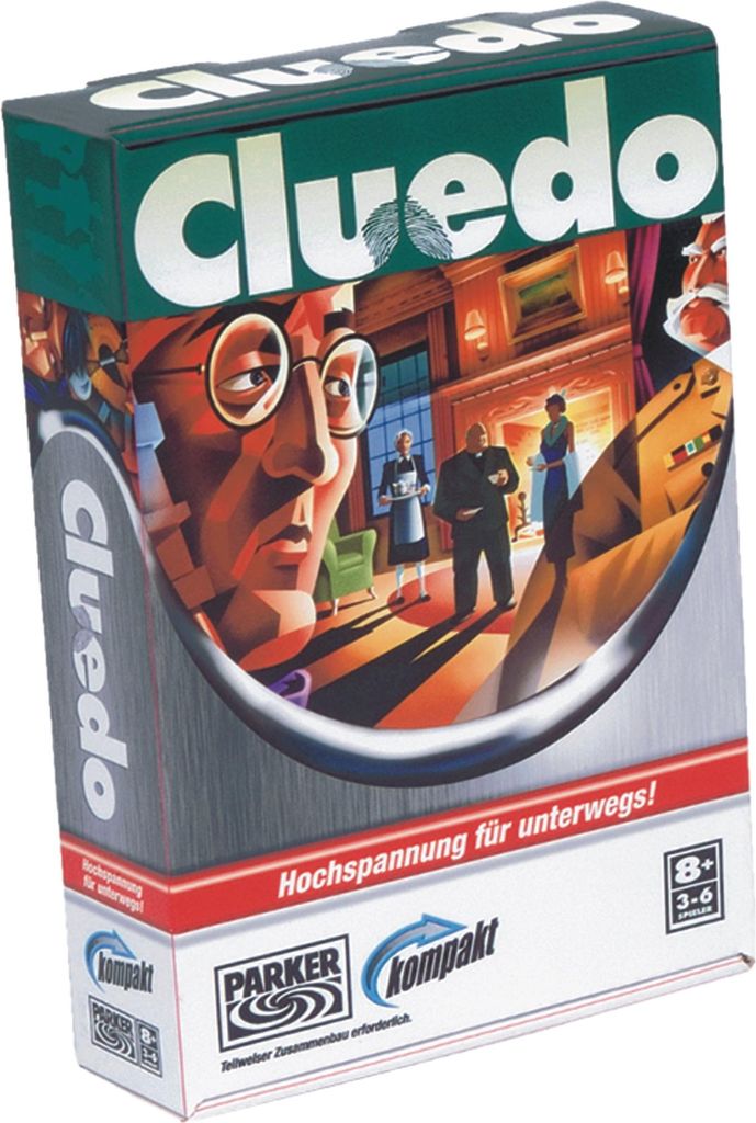 The image shows the front of a Cluedo board game box, featuring artwork of characters in a room and the game's logo.