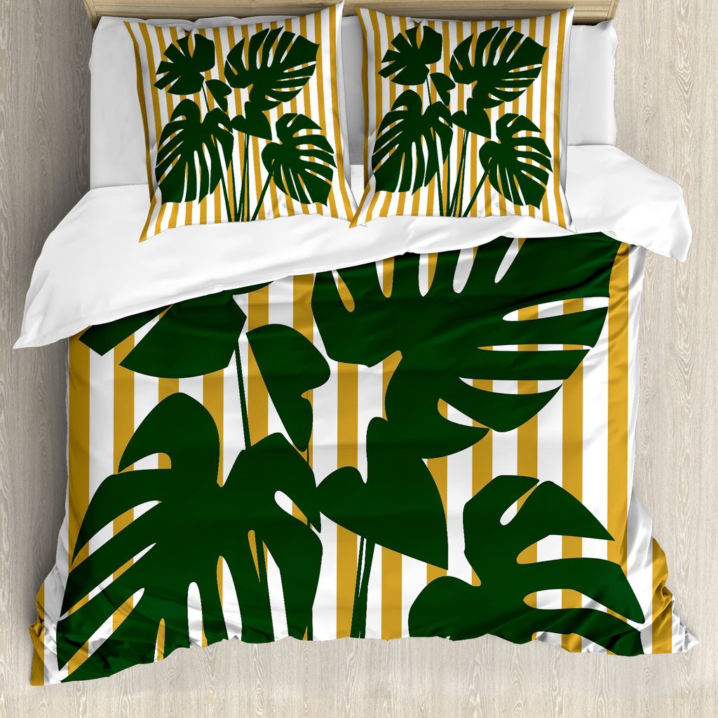ABAKUHAUS Tropisch Bettbezug Set für Einzelbetten, Hawaiian Monstera Streifen, Milbensicher Allergiker geeignet mit Kissenbezug, 155 cm x 220 cm -...