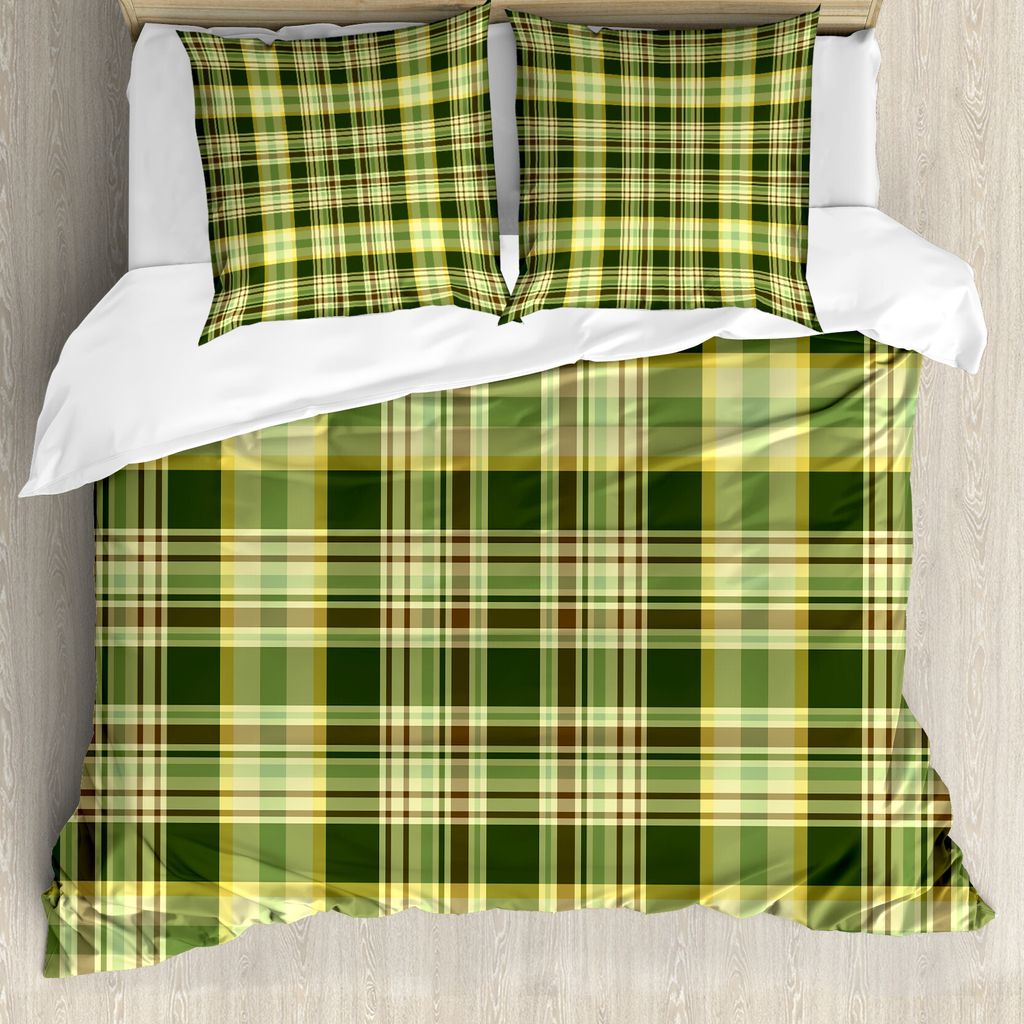 ABAKUHAUS olivgrün Bettbezug, Scottish Quilt, Milbensicher Allergiker geeignet mit Kissenbezügen, 155 cm x 220 cm - 80 x 80 cm, Dunkelgrün Gelb ...