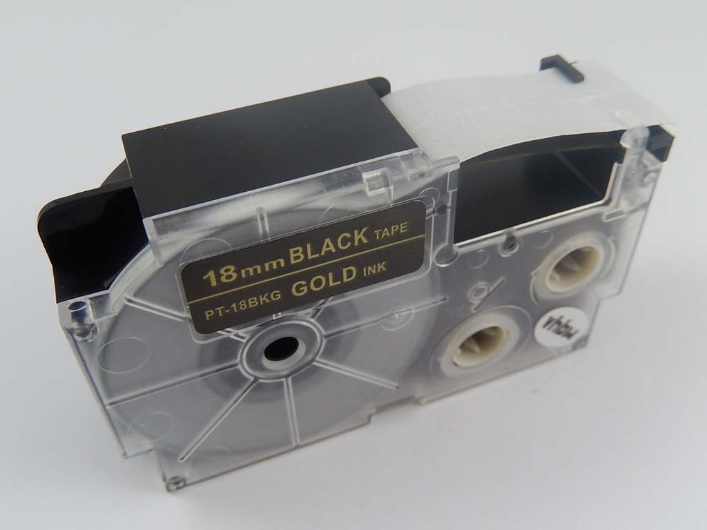 vhbw Schriftband-Kassette kompatibel mit Casio KL-200, KL-2000, KL-300, KL-200E, KL-60 Etiketten-Drucker 8m x 18mm Gold auf Schwarz, pet+ RESIN