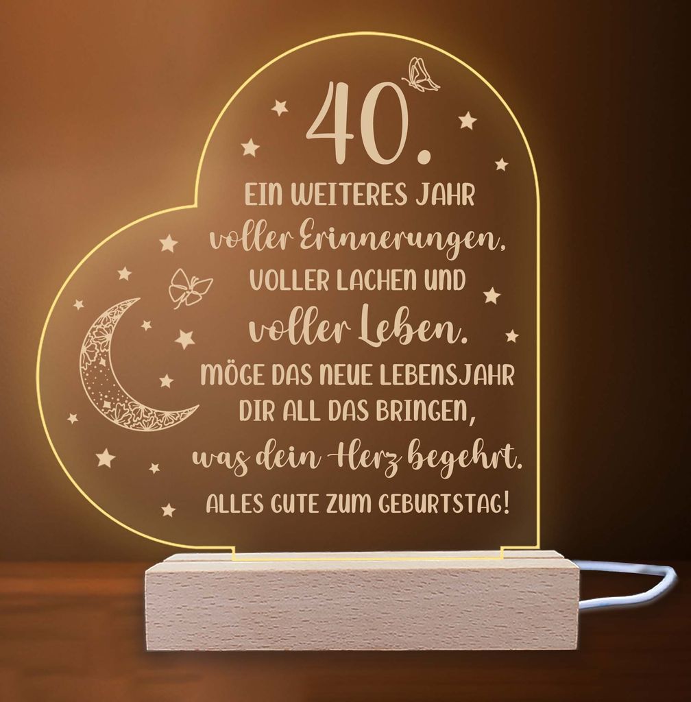 INDIGOS UG - LED Nachttischlampe - 40. Geburtstag - Herz links mit Spruch - Nachtlicht - 3D-LED-Lampe - Geburtstag - Geschenk für Freund, Freundin...