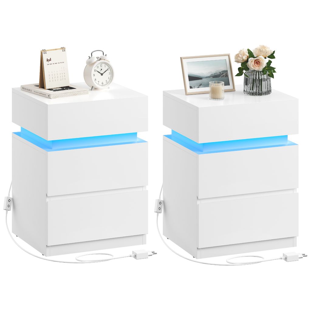 Two white nightstands with blue LED lighting.