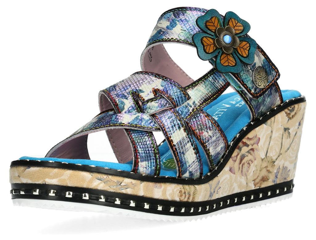 Laura Vita Damen Pantolette mit Blütenapplikation Nieten Keilabsatz Ballon 01, Größe:37 EU, Farbe:Türkis