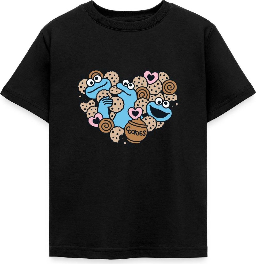 Spreadshirt Sesamstraße Herz Mit Krümelmonster Kinder T-Shirt, 122/128 (7-8 Jahre), Schwarz