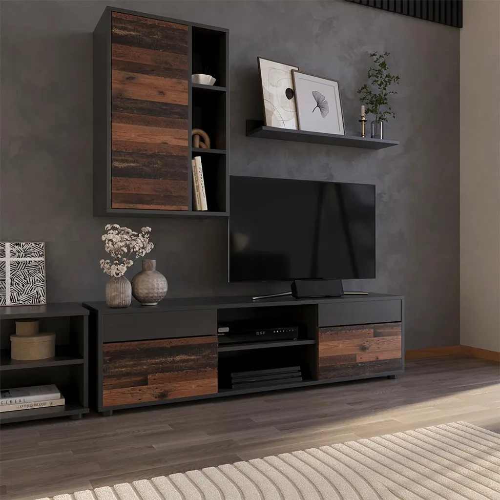 Mobile Soggiorno Berno Vicco Nero e Legno - Stile Industrial Moderno - 1