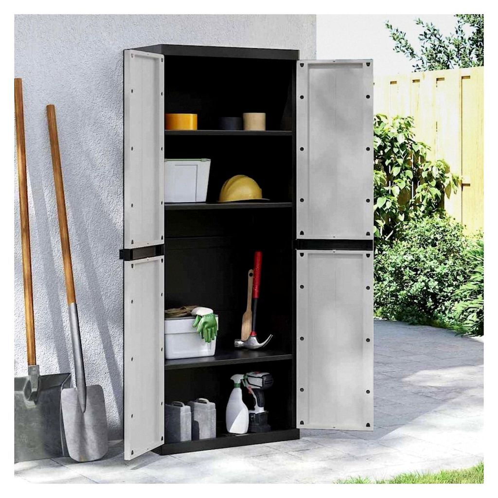 Gartenschrank in Grau und Schwarz 65x37x165 cm, Outdoor Aufbewahrungsschrank mit Regalen und 2 Türen für den Außenbereich, Garten, Terrasse, Bal...
