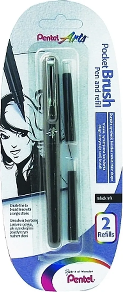 Pinceau Pentel Pocket Brush à Encre Pigmentée Noire Permanente - 12 pcs