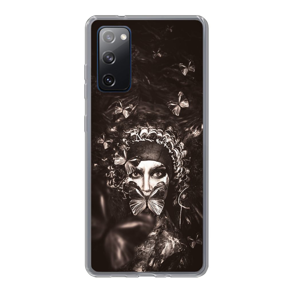 MuchoWow Handyhülle Schutzhülle Hülle für Samsung Galaxy S20 FE Frau - Schmetterling - Schwarz - Weiß Silikon Softcase Handy Hülle - Abdeckung