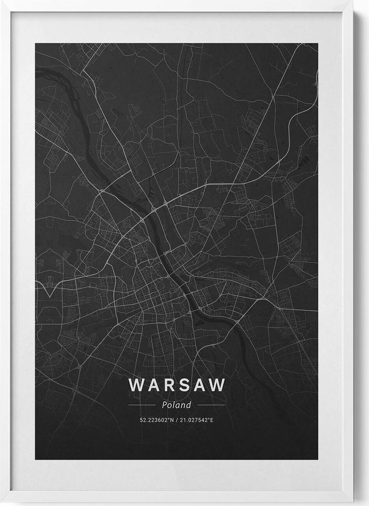 Stadtplan Warschau Polen– Wandbild mit Rahmen – Gerahmtes Bild – Wanddekoration – 70x100 cm – Weiß Rahmen