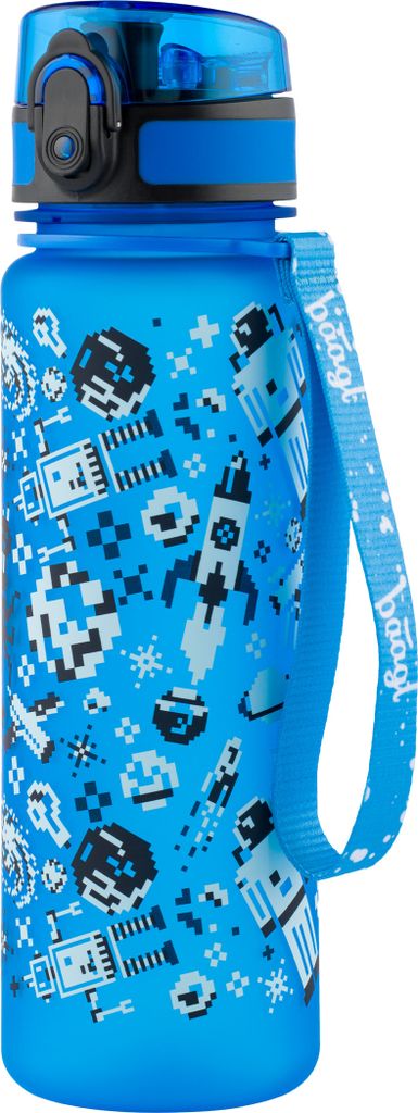 A blue water bottle with a space-themed pattern.
