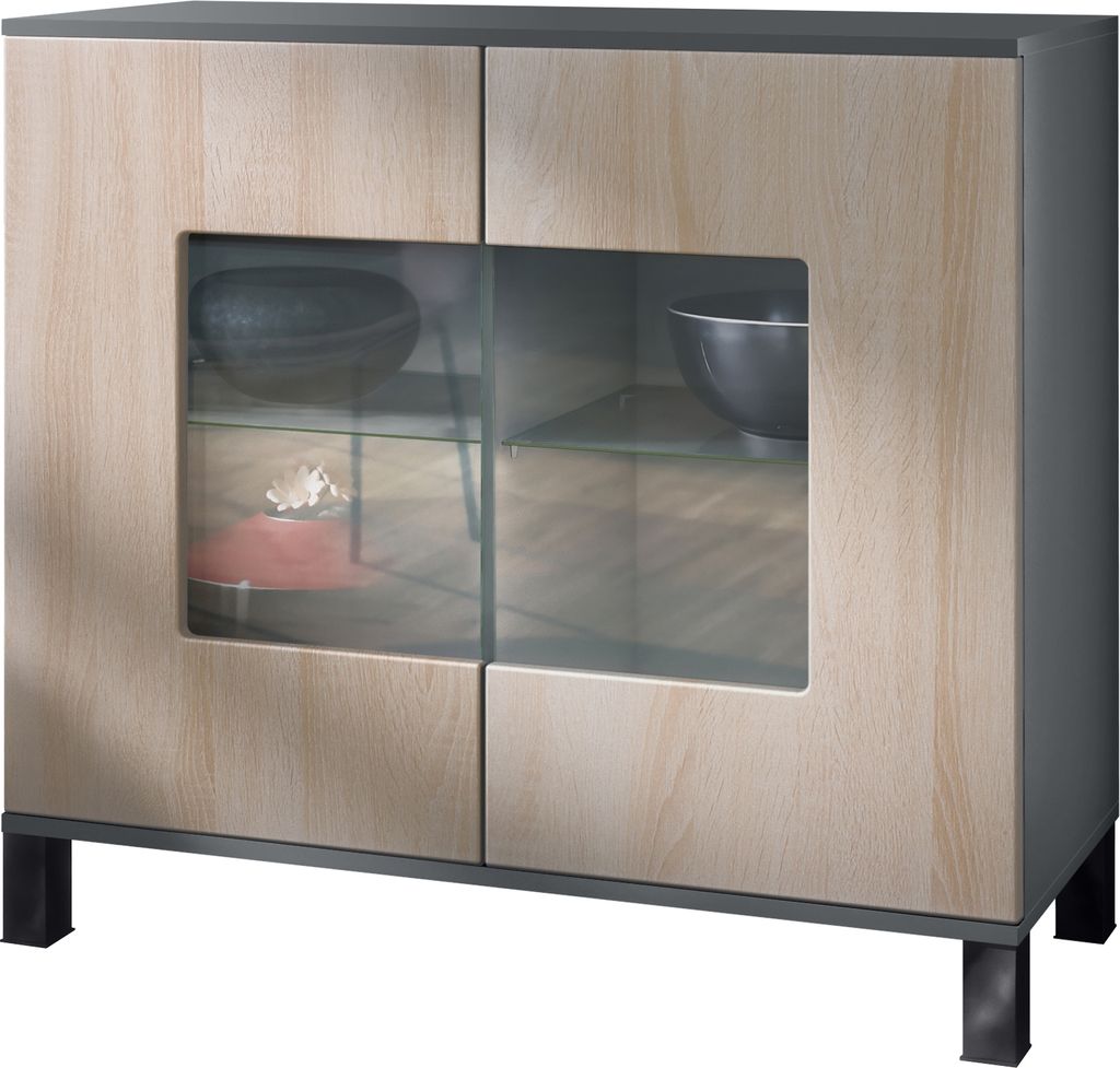 Vladon Kommode Grömitz V3, Moderner Küchenschrank mit 2 großen Glastüren Anthrazit matt / Eiche sägerau (92,5 x 84.5 x 35)