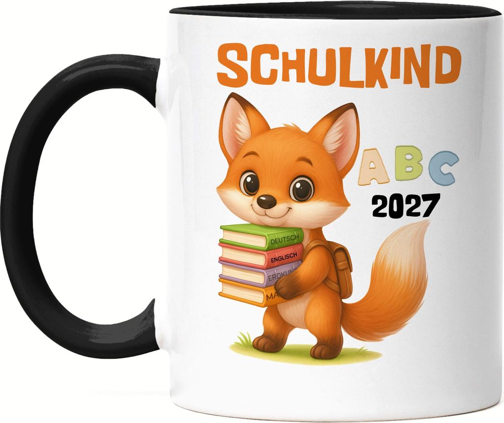 Schulkind 2027 Tasse Schwarz Fuchs – Moderne Geschenkidee Einschulung, trendige Schultasse ABC Motiv Jungen Erstklässler