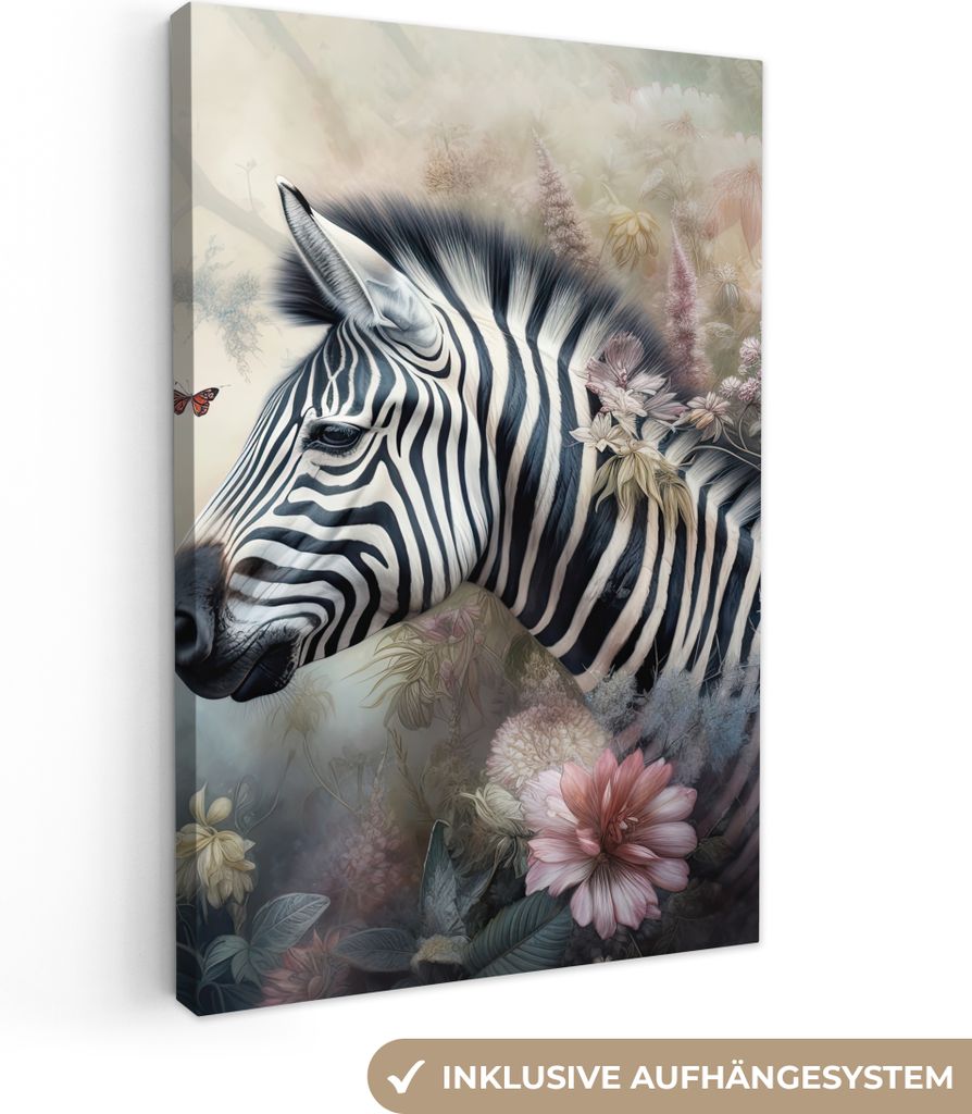 OneMillionCanvasses - Leinwandbilder - 90x140 cm, Zebra - Wilde Tiere - Schmetterling - Blumen, Wandbilder Kunstdruck Wanddekoration - Foto auf L...