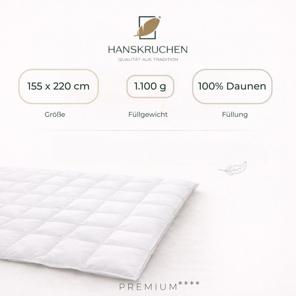 HANSKRUCHEN Daunendecke Winter 155x220 cm extra Warm 100% Daunen waschbar Allergiker Decke atmungsaktiv Winterbettdecke weiß