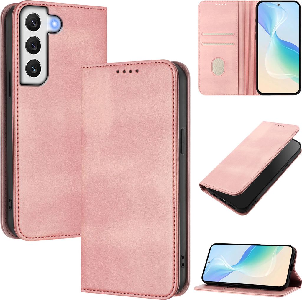 Handyhülle für Samsung Galaxy S22 5G, Vintage Leder RFID Schutz Kartenfach Standfunktion Magnetische Klapphülle Pink