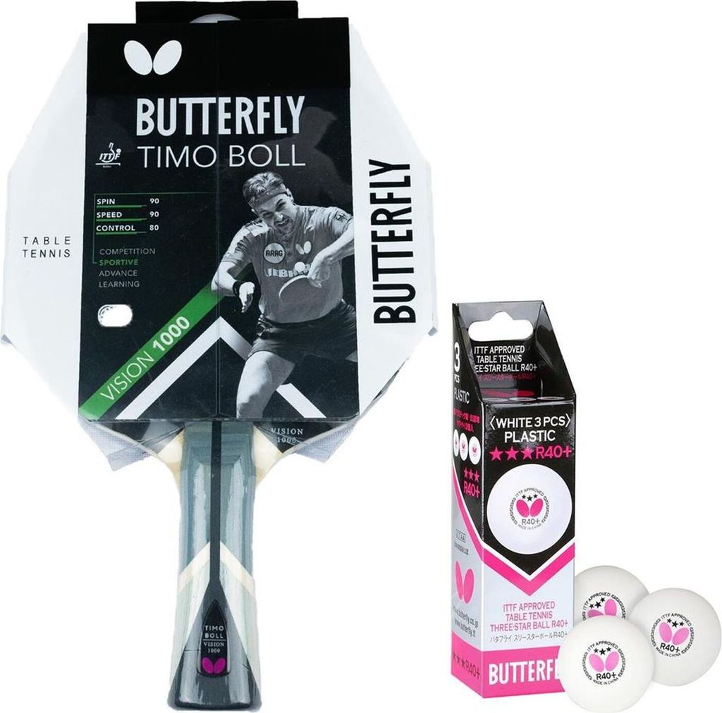 Butterfly 1x Timo Boll Vision 1000 Tischtennisschläger + 3x 40+ 3*** Tischtennisbälle | Tischtennisset Tischtennis TT Tabletennis
