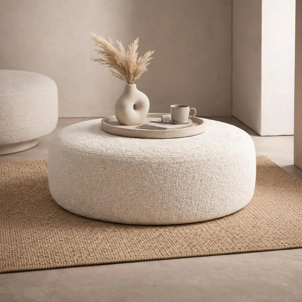 Repose-pieds Salon Pouf Rond 100 cm Tissu Bouclé Crème MOLLY