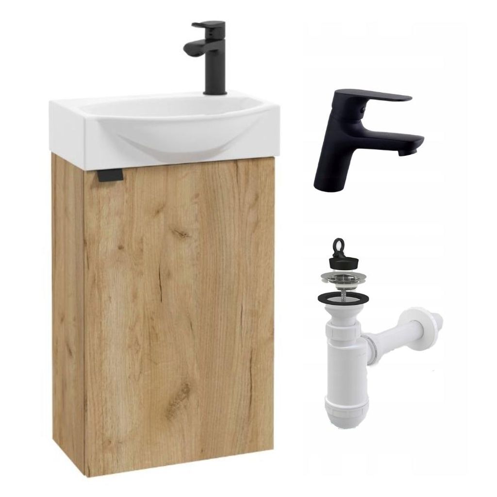 Stamar | Badezimmerschrank, Badschrank, Goldene Eiche, mit Waschbecken 40 cm, Click Clack Armatur, Siphon