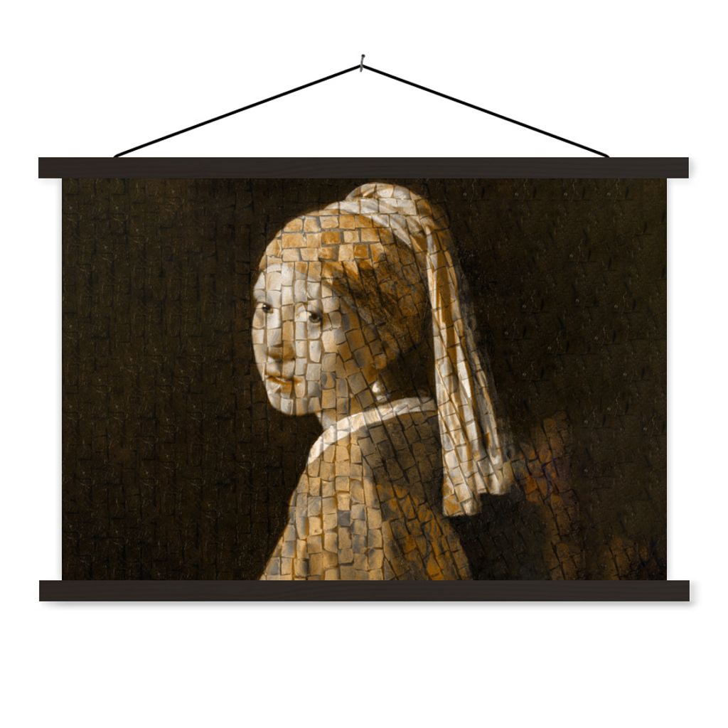 MuchoWow Textilposter Mädchen mit Perlenohrring - Vermeer - Mosaik 150x100 cm mit schwarzem Rahmen - Schlafzimmer