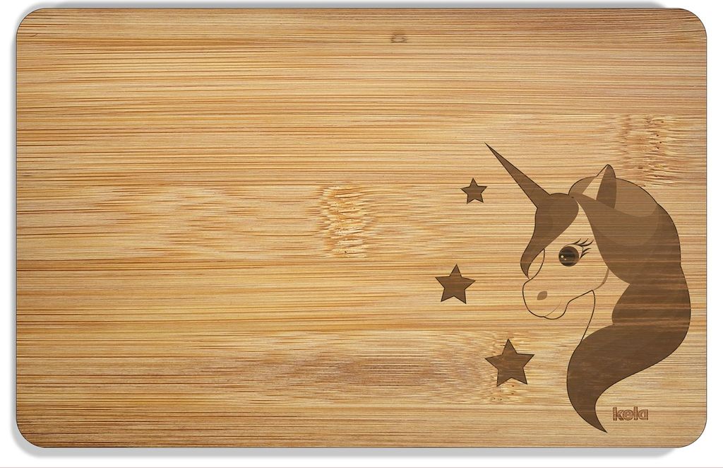 Wallario Frühstücksbrettchen aus Holz 22 x 14 cm, Motiv Einhorn Muster - Süßes Einhorn mit Sternen