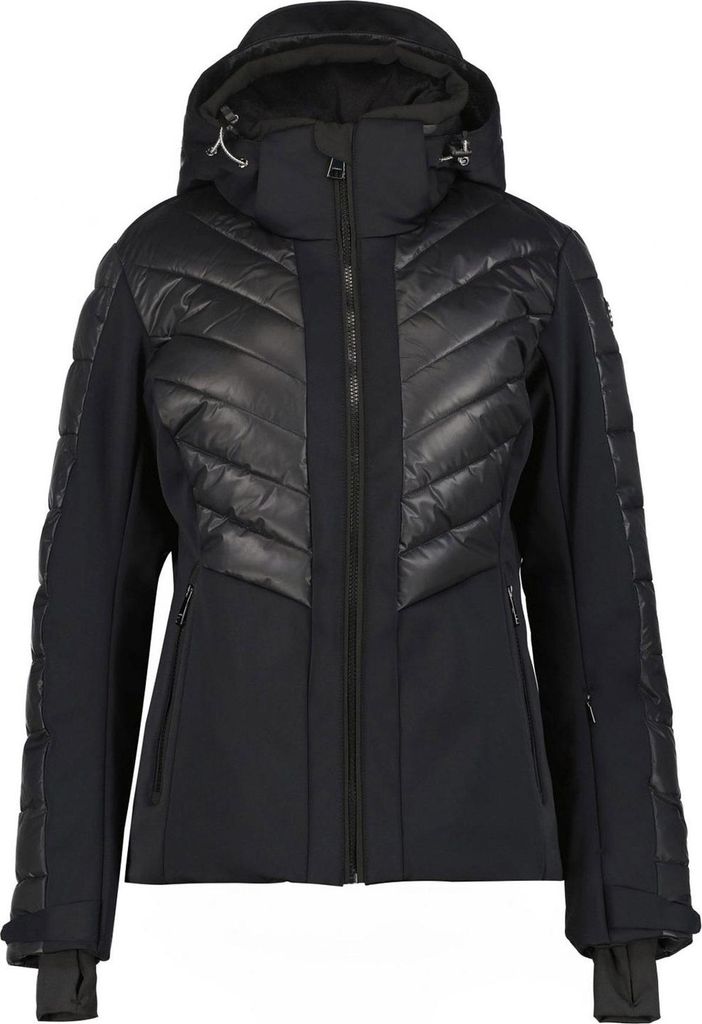 A black women's ski jacket with quilted chest panels and a hood, presented front-on against a white background.