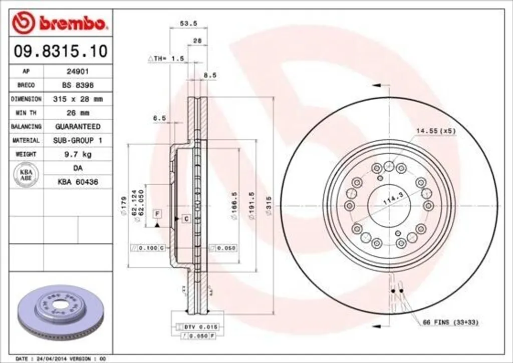 Disque de Frein Ventilé Brembo 09.8315.10 pour Système de Freinage Lexus