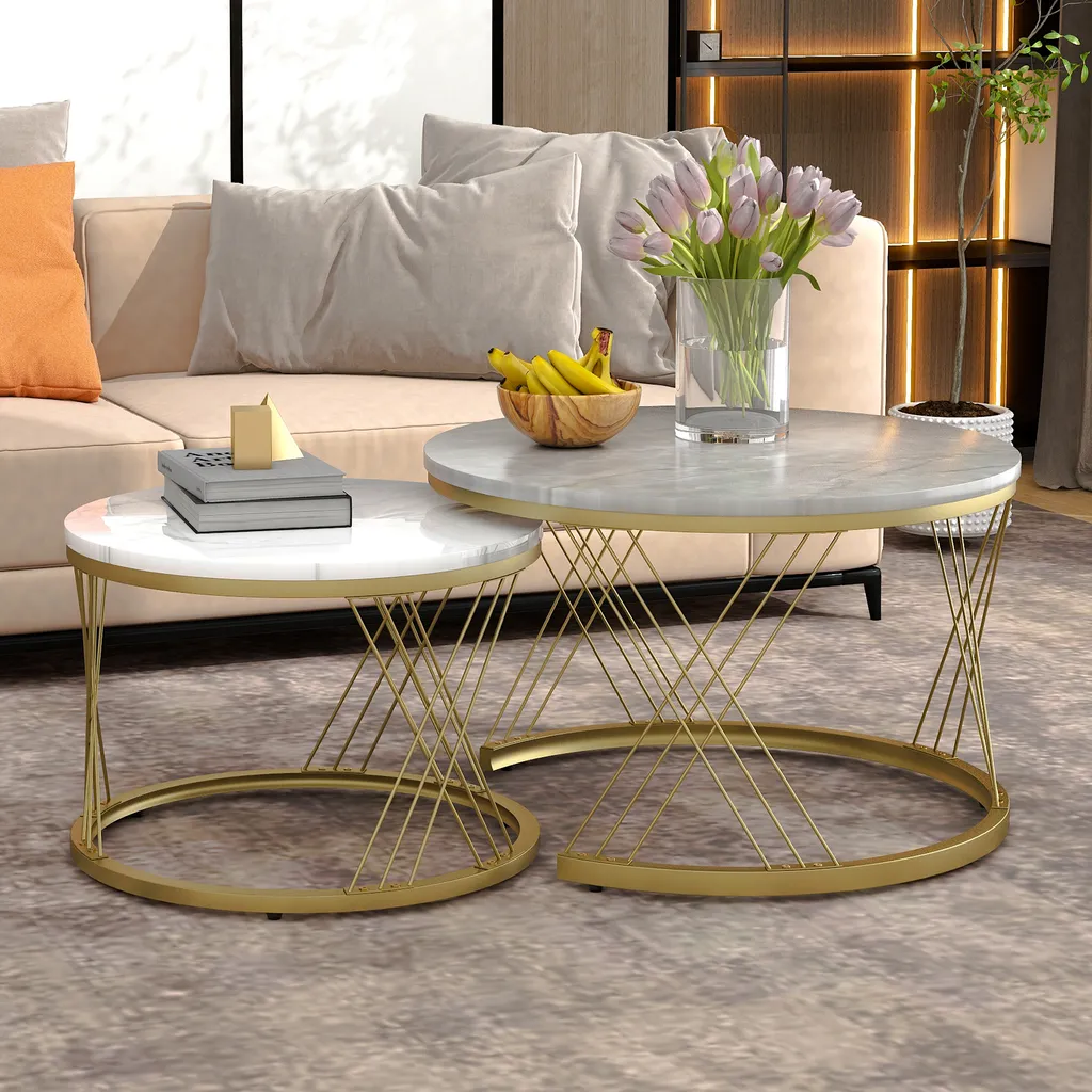 Merax Lot de 2 tables basses effet marbre blanc et doré pour salon
