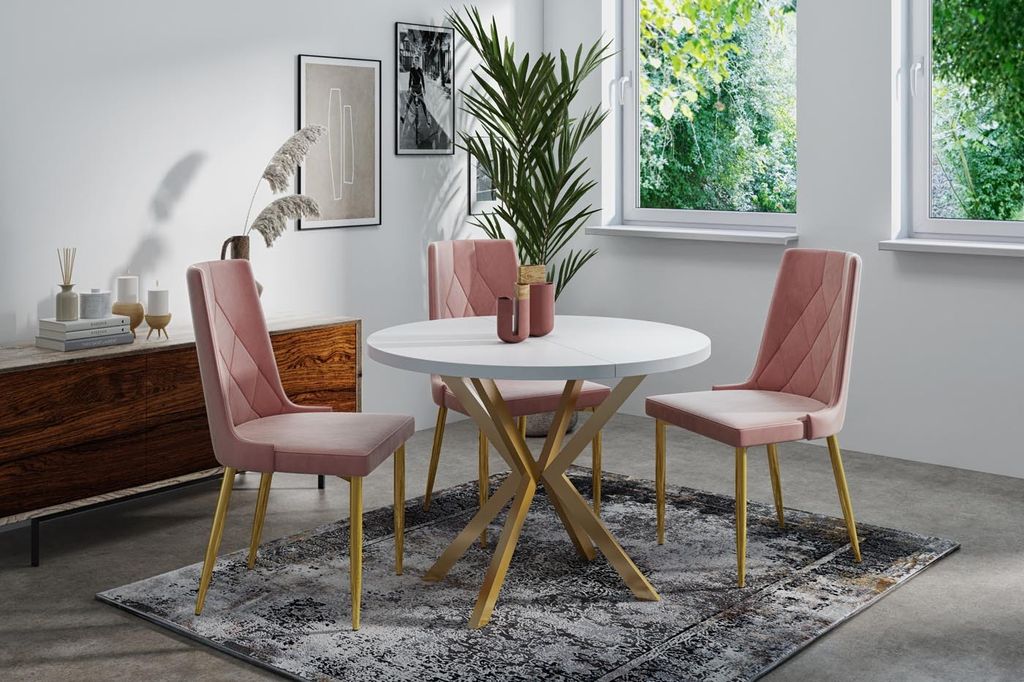 Runder Ausziehbarer Esstisch mit Goldenen X-Gestell Beinen - 100-180 cm - Loft Industriell Design - für 4-6 Personen - Weiß