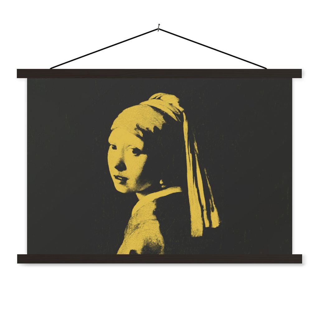 MuchoWow Textilposter Mädchen mit Perlenohrring - Vermeer - Schwarz - Gelb 90x60 cm mit schwarzem Rahmen - Aufhängungssatz