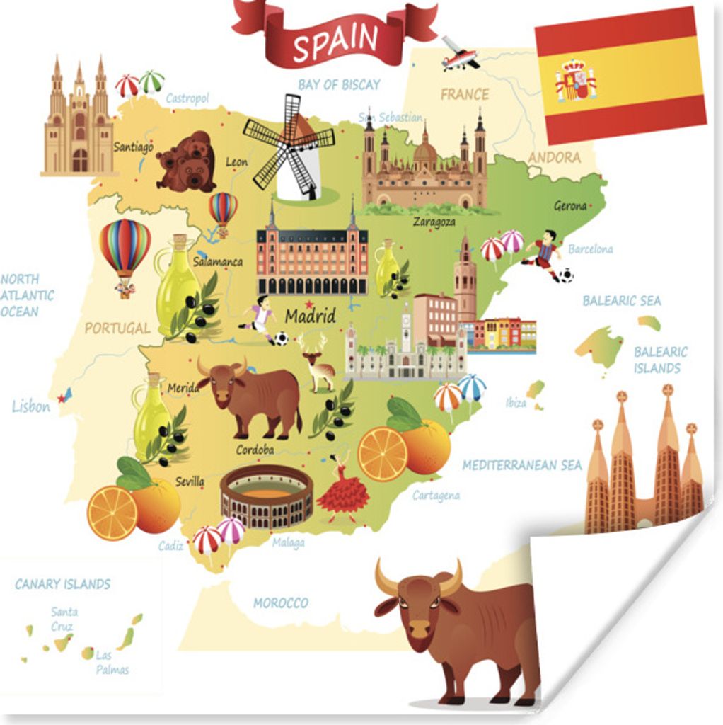 MuchoWow Poster Illustrationen auf der Karte von Spanien 50x50 cm - Wohnzimmerdekoration