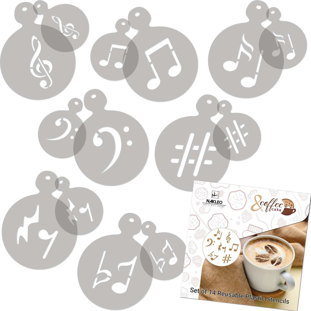 Kaffee Schablonen und Kekse Dekoration 14 Stück 7x7 cm und 11x11 cm, Wiederverwendbare Plastik Backen Vorlage, Noten, DIY