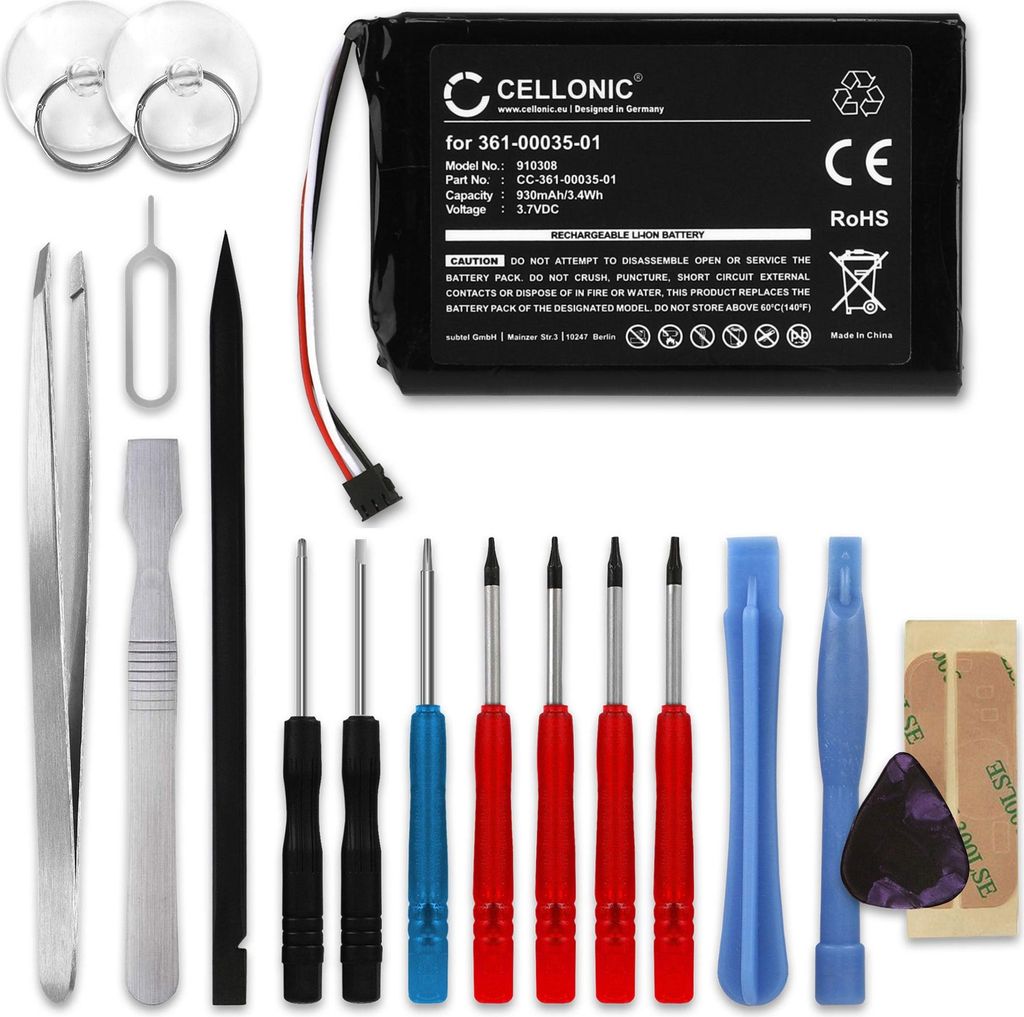 CELLONIC 1x Akku für Navigation Kompatibel mit Garmin nüvi 1200, Drive Assist 51, Drive Assist 51LMT, 361-00035-01 - (930mAh, 3.7V) + Werkzeug-Set
