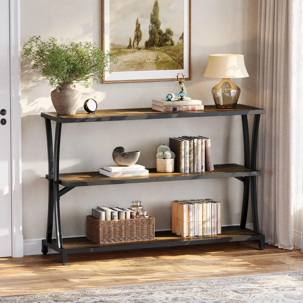 Table d'appoint style industriel 110 cm avec compartiments de rangement
