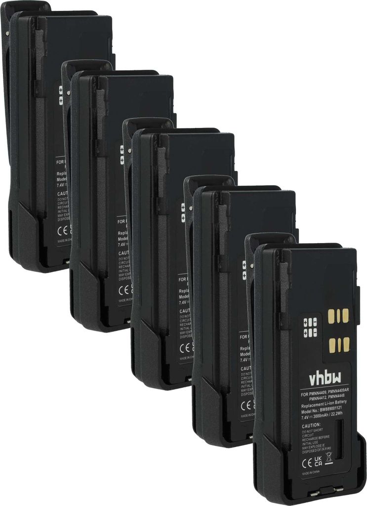 vhbw 5x Akku Ersatz für Motorola PMNN4544, PMNN4543A, PMNN4544A, PMNN4543 für Funkgerät, Walkie Talkie (3000 mAh, 7,4 V, Li-Ion) + Gürtelclip
