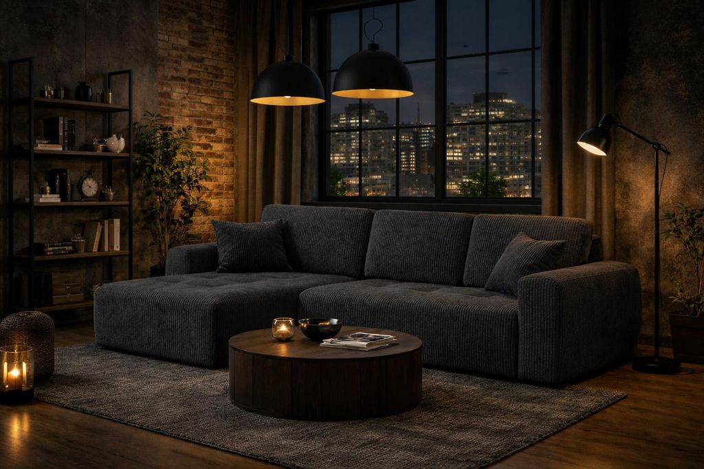 Kaiser Möbel Ecksofa mit Schlaffunktion und Bettkasten L-Form Ivo L, Cordstoff Poso, Grau, Links