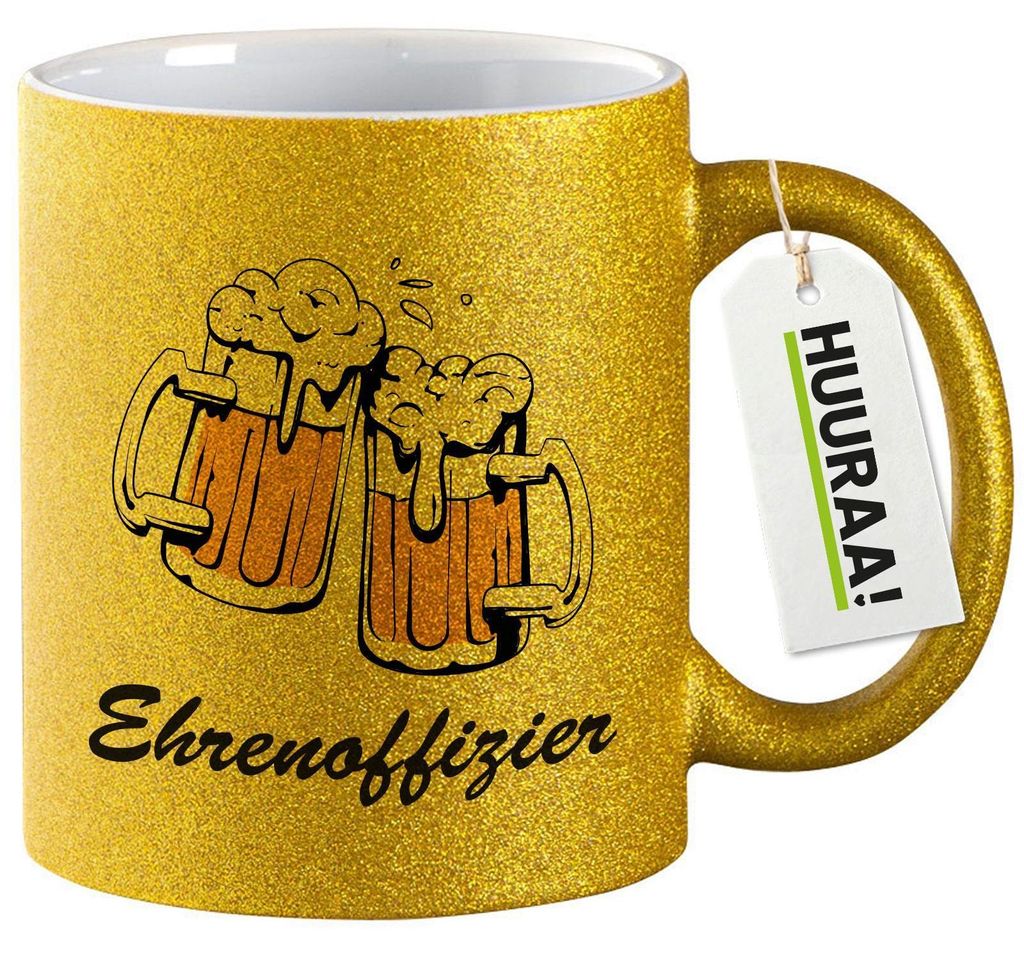 Huuraa Glitzertasse Ehrenoffizier Schützenfest 330ml Gold Keramik Kaffeebecher Geschenkidee