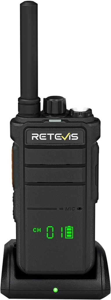 A black Retevis walkie-talkie is shown in its charging dock against a white background.