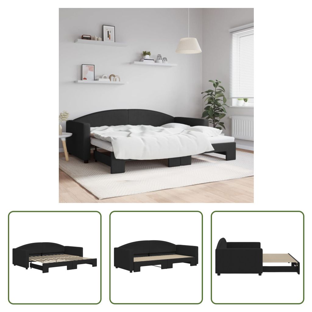 The Living Store Tagesbett Ausziehbar Schwarz 90x200 cm Stoff
