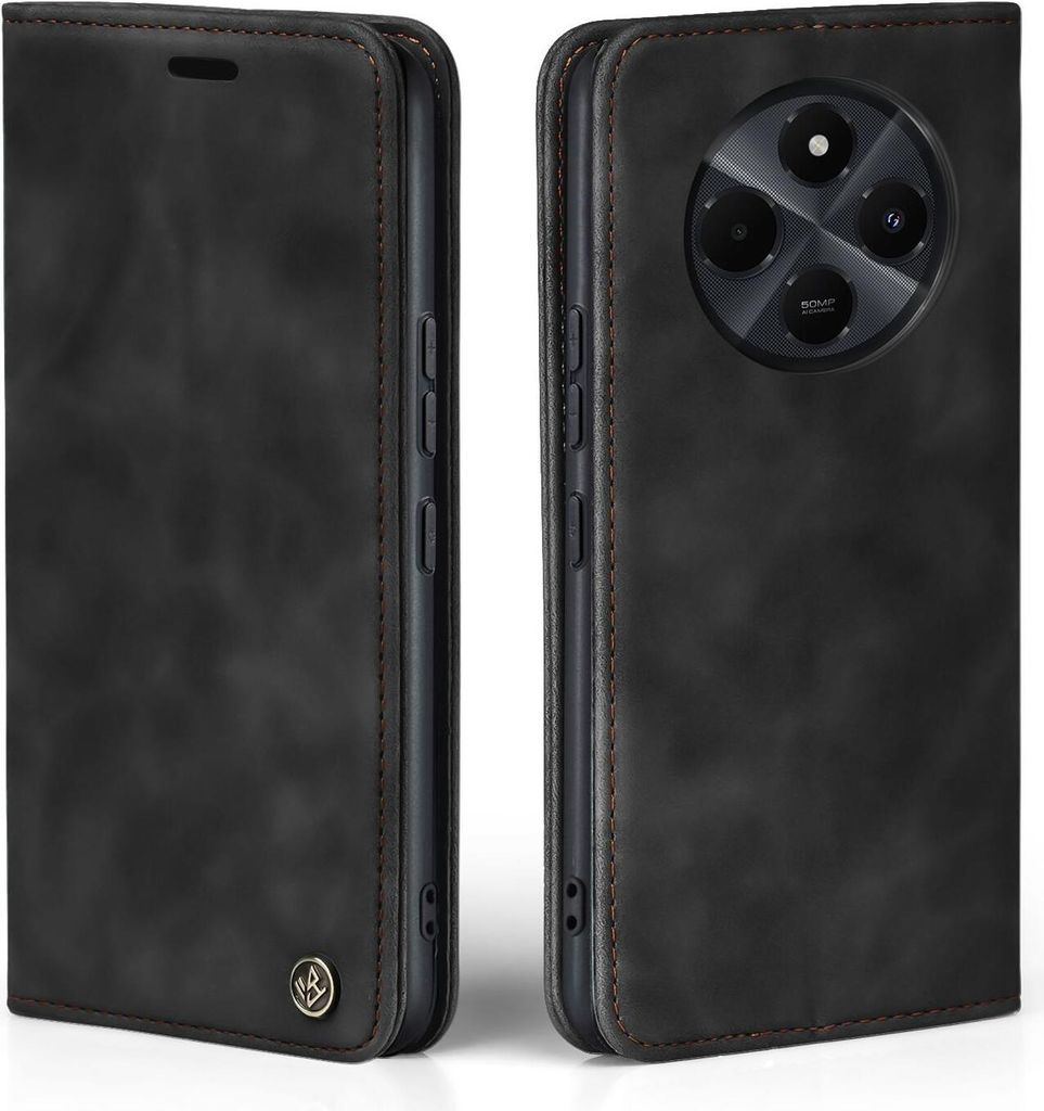 A black flip case for a smartphone, shown from the front and back.