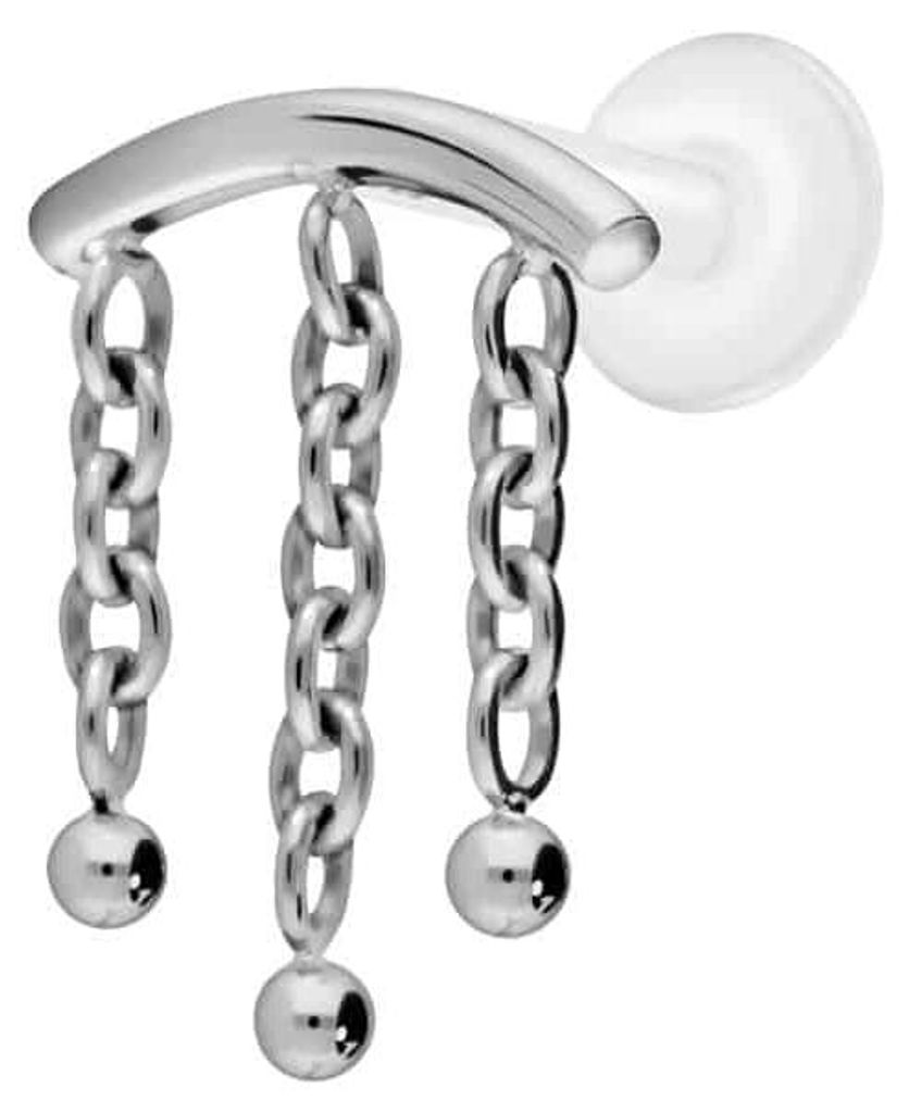 Ohrpiercing, Nasenpiercing PTFE Labret mit Innengewinde + Titan-Aufsatz BOGEN + 3 KETTEN Silber Stablänge: 7mm | Stabstärke: 1,2mm
