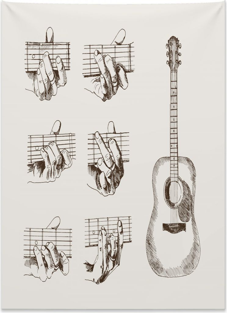 Abakuhaus Gitarre Wandteppich, Skizze Akkorde Flamenco aus Weiches Mikrofaser Stoff Kein Verblassen Klare Farben Waschbar, 110 x 150 cm, Braun Creme